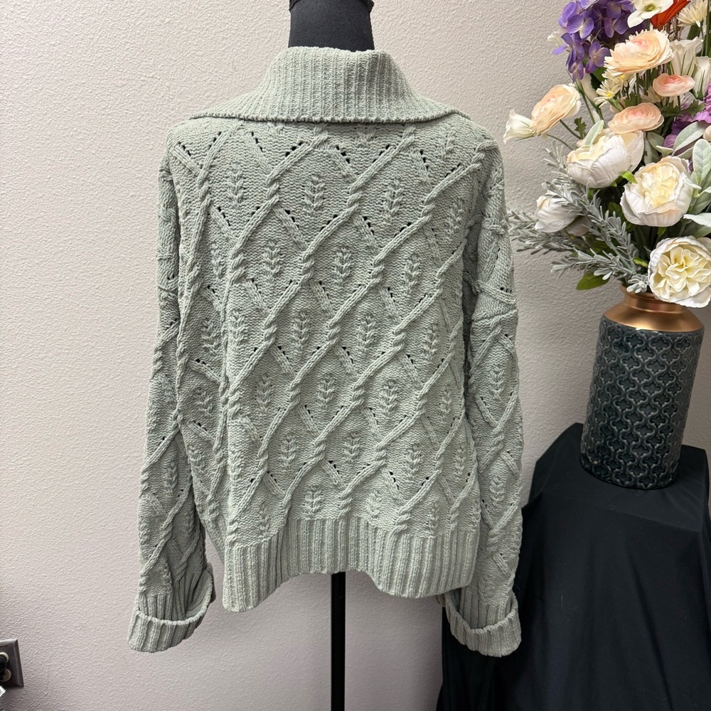 Pink Republic Sage Green Cable Knit Zip Sweater Jacket XL Cozy Fall Winter - Picture 4 of 9